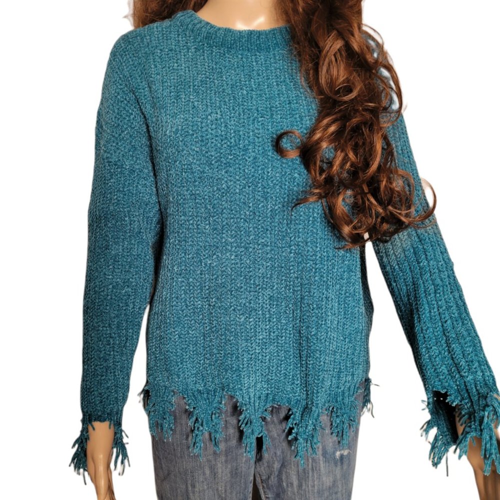 BRAVE SOUL LONDON Shredded and distressed knitwear Cardigan Boho Teal SZ …